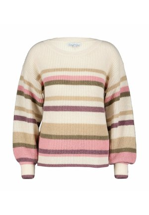 Elfenbensfarvet sweater med brede pastelfarvede striber i pink, grøn, beige og lilla. Har en ribbet struktur, brede ærmer og en rund halsudskæring.