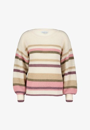 Elfenbensfarvet sweater med brede pastelfarvede striber i pink, grøn, beige og lilla. Har en ribbet struktur, brede ærmer og en rund halsudskæring.