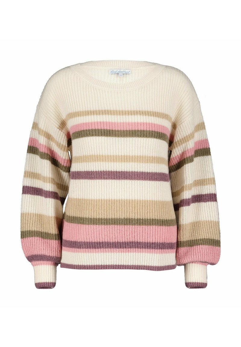 Elfenbensfarvet sweater med brede pastelfarvede striber i pink, grøn, beige og lilla. Har en ribbet struktur, brede ærmer og en rund halsudskæring.