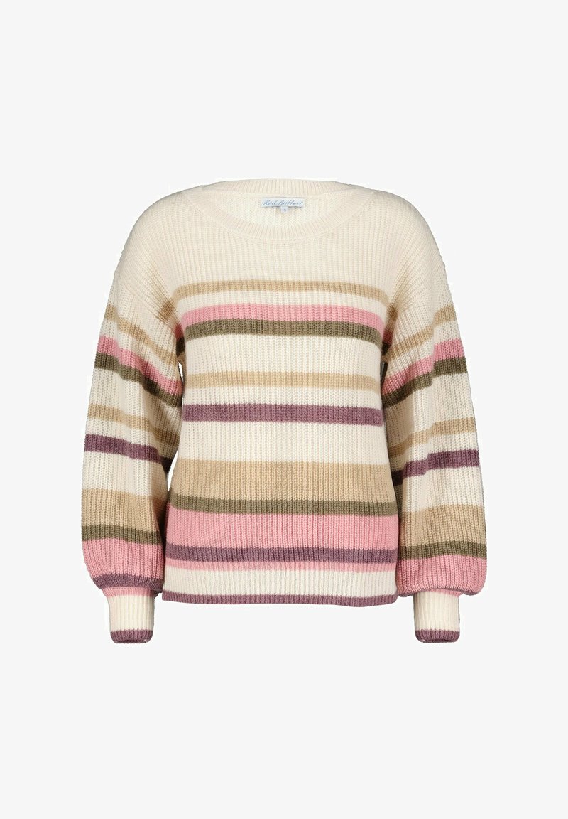 Elfenbensfarvet sweater med brede pastelfarvede striber i pink, grøn, beige og lilla. Har en ribbet struktur, brede ærmer og en rund halsudskæring.