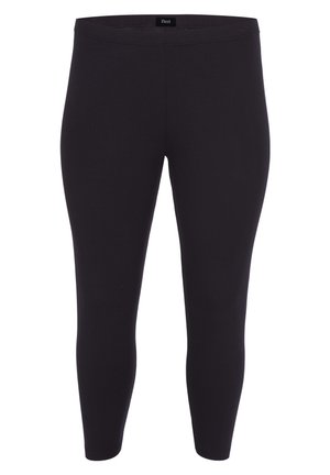 Black leggings made of stretchy fabric, featuring a high waistband and a smooth, fitted design. No visible seams or embellishments.