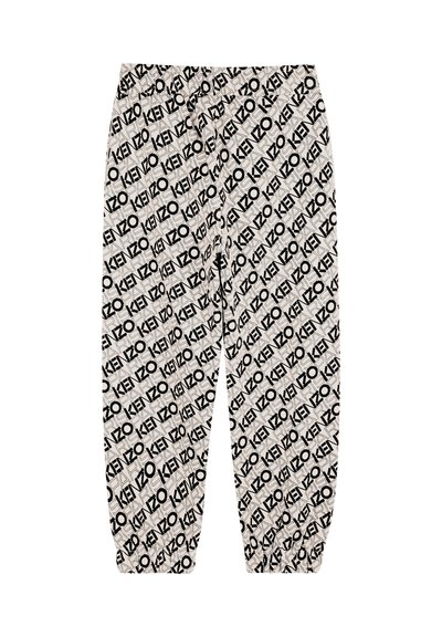 Witte stoffen broek met een herhaald zwart KEZO-logo ontwerp. Elastische tailleband en boorden, met een relaxte pasvorm en een zachte textuur.