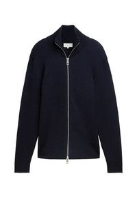 Granatowy sweter zapinany na zamek błyskawiczny z wysokim kołnierzem, ściągaczami przy mankietach i na dole. Posiada srebrny zamek i teksturowany wzór materiału.