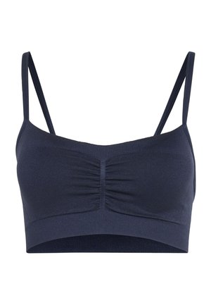 Bralette bleu foncé sans couture avec fines bretelles réglables et détail froncé au centre devant sur fond blanc.