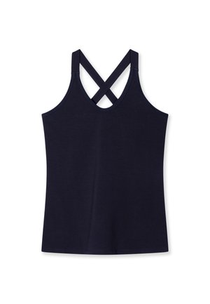 Marineblauw tanktop gemaakt van zachte stof met een getailleerd ontwerp. Heeft crisscross banden aan de achterkant en een ronde halslijn.
