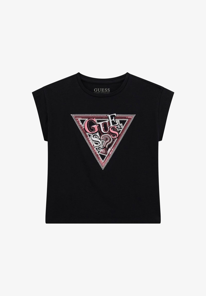 Zwarte katoenen t-shirt met korte mouwen, voorzien van een driehoekig grafisch logo in zilveren en roze tinten in het midden.