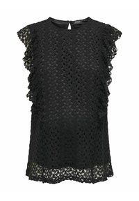 Top in pizzo nero con un design textured, maniche corte arricciate e orlo leggermente asimmetrico, completato da una chiusura a chiave sul retro.