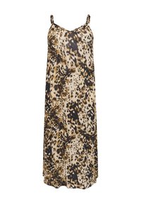 Robe sans manches à imprimé animal en beige, marron et noir, fabriquée en tissu léger, avec un décolleté en V et une coupe décontractée.