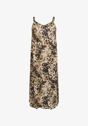 Ujjatlan állatmintás ruha bézs, barna és fekete színekben, könnyű anyagból készült, V-nyakú és laza szabású dizájnnal.