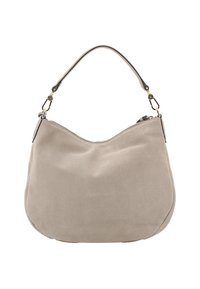 Beige suede shoulder bag with a curved shape, zippered top, and a single strap featuring gold-tone hardware and accents.