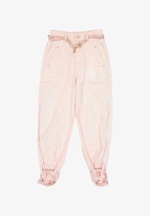 Pantalon taille haute rose clair avec grandes poches avant, ceinture en corde et poignets réglables à boutons aux chevilles.