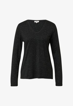 Zwarte lange mouw V-hals top met subtiele witte spikkels, klassieke pasvorm en s.Oliver merklabel aan de binnenkant van de kraag.