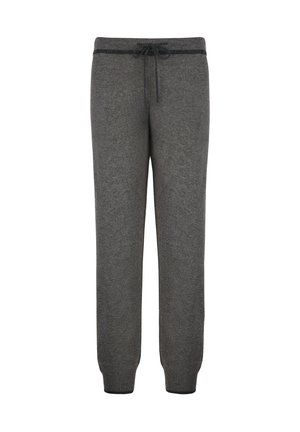 Grå fleecejoggers med elastisk midjeband, dragsko och ribbade muddar. Mjuk textur och avsmalnande design för komfort.