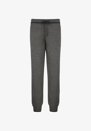 Grå fleecejoggers med elastisk midjeband, dragsko och ribbade muddar. Mjuk textur och avsmalnande design för komfort.