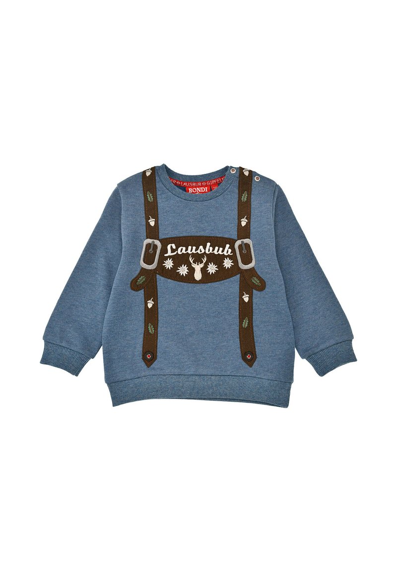 Blaues Sweatshirt mit braunen Hosenträgern, verziert mit gestickten Hirsch- und Blätterakzenten. Rippbündchen und Rippkragen runden den Look ab.