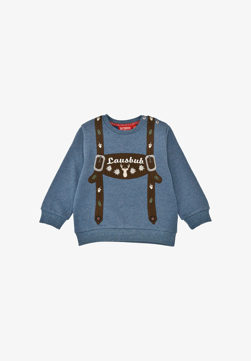 Blaues Sweatshirt mit braunen Hosenträgern, verziert mit gestickten Hirsch- und Blätterakzenten. Rippbündchen und Rippkragen runden den Look ab.