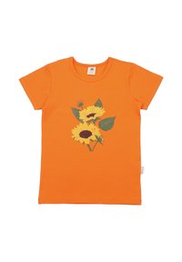 Orange cotton t-shirt featuring a design of yellow sunflowers with green leaves at the center. Short sleeves and a crew neck.