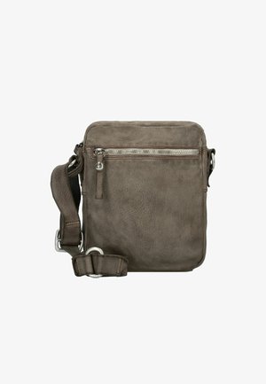 Graue Leder-Umhängetasche mit einem Reißverschluss-Fach an der Vorderseite, verstellbarem Gurt, rechteckiger Form und glatter Textur. Silberne Hardware-Akzente.