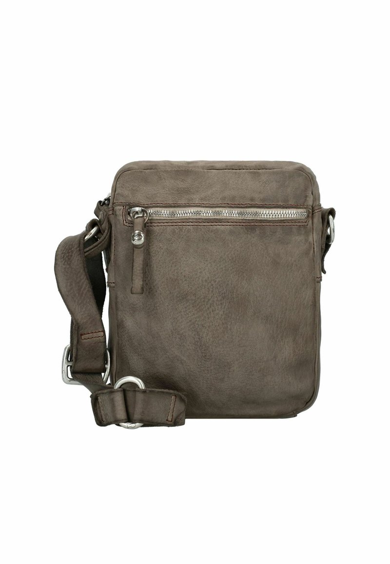 Borsa a tracolla in pelle grigia con tasca frontale con zip, tracolla regolabile, forma rettangolare e texture liscia. Accenti in metallo silver.
