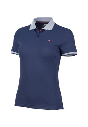 Navy blue women's polo shirt with white striped collar and sleeve cuffs, buttoned placket, and small FILA logo on chest.