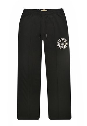 Sorte joggingbukser med elastisk linning og snøre, med en hvid cirkulær "PAS DE MONACO 911 CLUB"-logo på venstre lår.