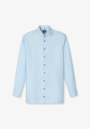 Helles blaues Herrenhemd mit langen Ärmeln, kleinem karierter Muster, dunklen Knöpfen und klassischem Kragen.