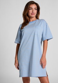 Striped T-shirt dress in light blue and white, featuring short sleeves, a round neckline, and a chest pocket. Side slits enhance movement.