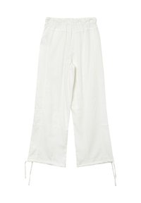 Pantalon large blanc avec une taille élastique et des ourlets à cordon de serrage. Tissu lisse avec des coutures nettes et sans motifs ni accents visibles.