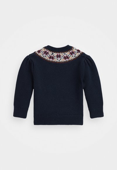 Sweater pullover azul marinho com decote redondo, mangas bufantes e um yoke de malha padrão em tons de rosa, creme e laranja.