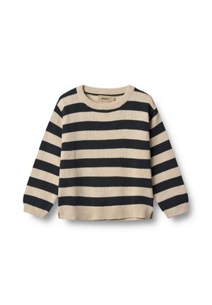 Gestreifter Pullover in Creme und Marineblau, gestrickte Textur, Rundhalsausschnitt, lange Ärmel, mit horizontalen Streifen und gerippten Bündchen und Saum.