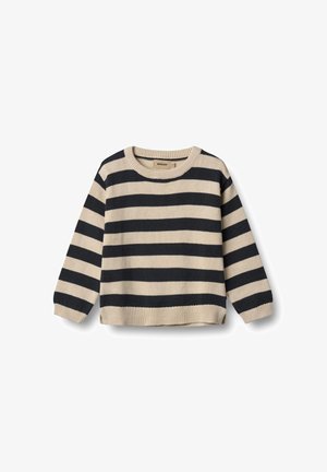 Maglione a righe in crema e blu marino, in tessuto lavorato a maglia, collo a girocollo, maniche lunghe, con righe orizzontali e polsini e orlo a costine.