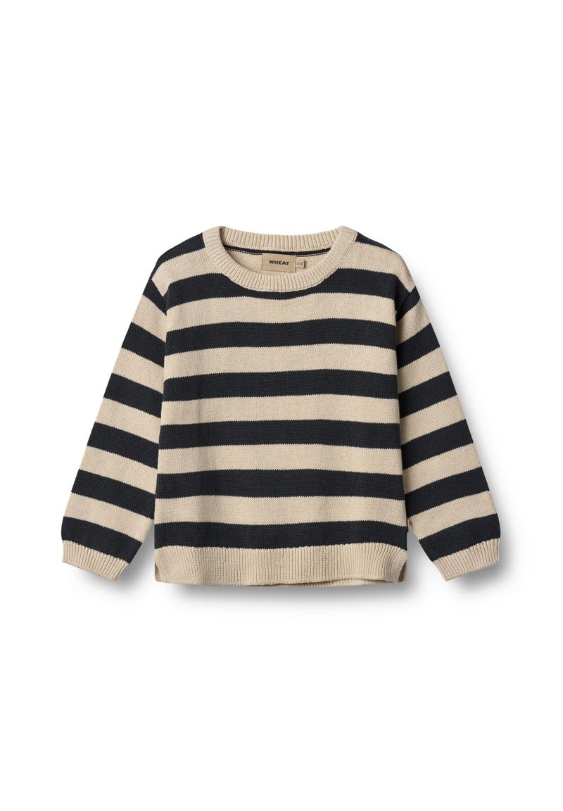 Gestreifter Pullover in Creme und Marineblau, gestrickte Textur, Rundhalsausschnitt, lange Ärmel, mit horizontalen Streifen und gerippten Bündchen und Saum.