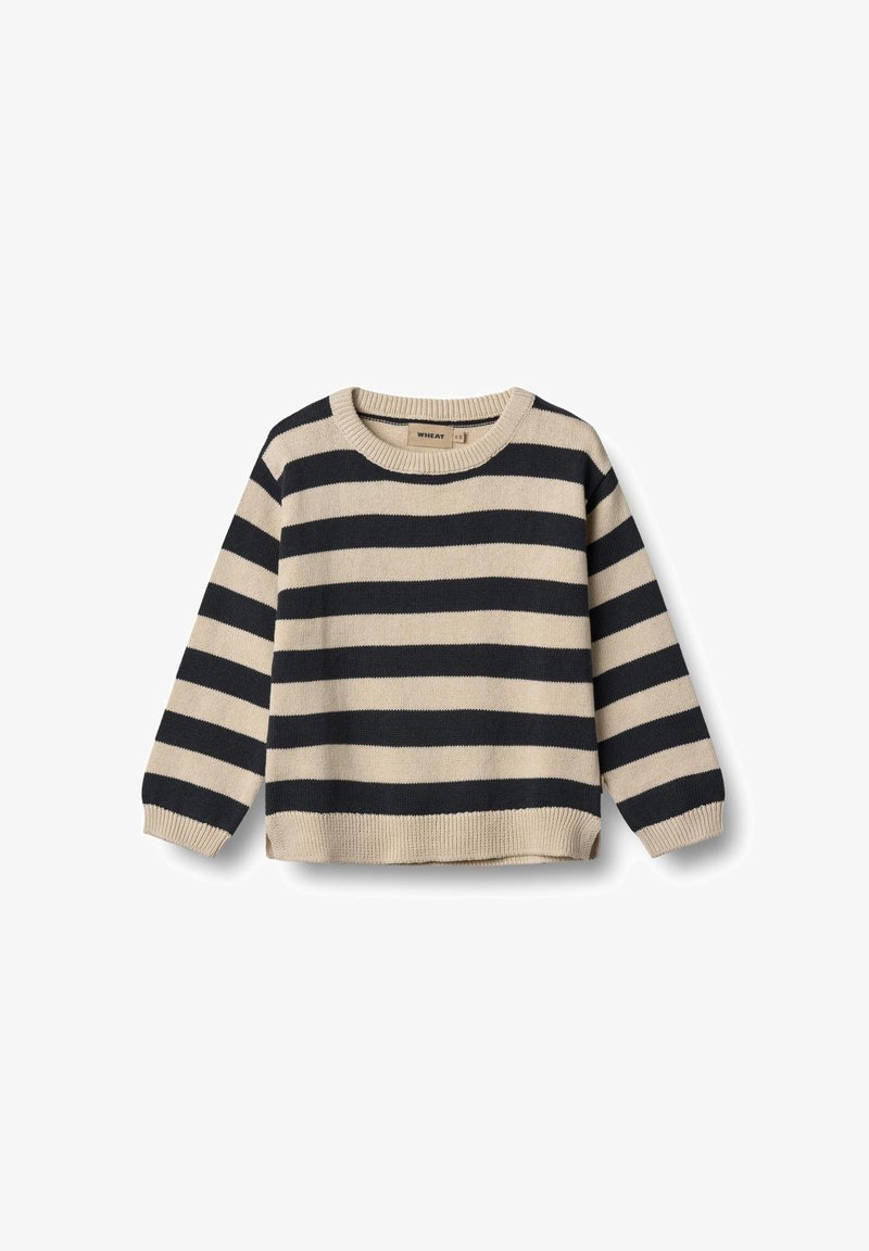 Raidallinen neulepusero kermanvärisenä ja laivastonsinisenä, neulottu pinta, pyöreä pääntie, pitkät hihat, vaakasuorat raidat sekä resorikujat ja helma.