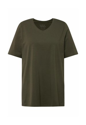 T-shirt verde oliva a scollo a V con maniche corte, realizzata in un tessuto morbido e liscio. Il design presenta una vestibilità rilassata e semplici dettagli di cucitura.