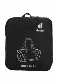 Fekete sporttáska fehér körvonalas dizájnnal, téglalap alakú, dupla fogantyúval és cipzáras záródással; felirata: "DUFFEL 50."