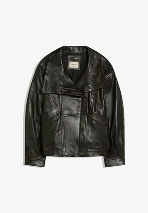 Black leather jacket with wide lapels, asymmetrical zip closure, and front pockets, displayed flat on a white background.