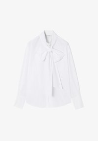 Camisa blanca de algodón con un detalle de pajarita en el cuello, mangas largas y un corte relajado. Textura suave, diseño clásico.