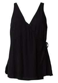 Top senza maniche nero con scollatura a V profonda e design avvolgente. Presenta un dettaglio con fiocco in vita e un tessuto morbido e strutturato.
