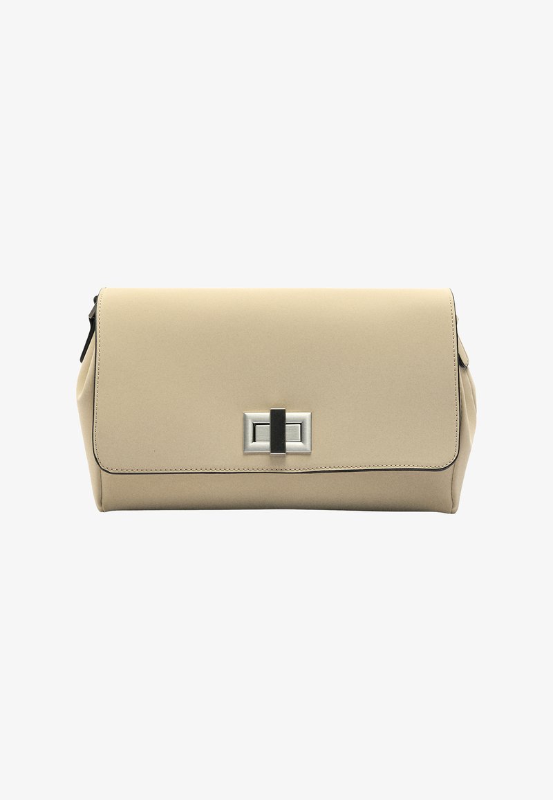 Beżowa torebka kopertówka z faux skóry o płaskim designie, z magnetycznym zapięciem i czarnymi akcentami. Widoczne szwy wzdłuż krawędzi.
