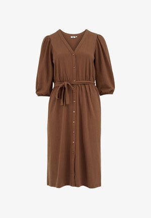 Pruun tekstureeritud kleit V-kaelusega, puffitud varrukatega, vöörihmaga ja nupuvajutusega esiosaga. Kangas omab peent mustrit, luues lõdva silueti.