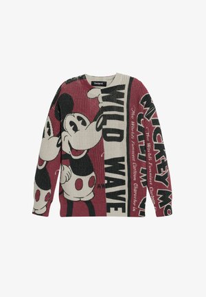 Strickpullover mit einem Farbdesign in Kastanienbraun und Creme, auffälligen Grafiken von Mickey Mouse und dem Text "WILD WAVE" in Schwarz.