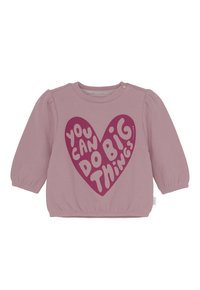 Rosa Langarm-Babithshirt mit elastischen Bündchen und einem großen Herzmotiv auf der Vorderseite, das "Du kannst Großes erreichen" sagt.