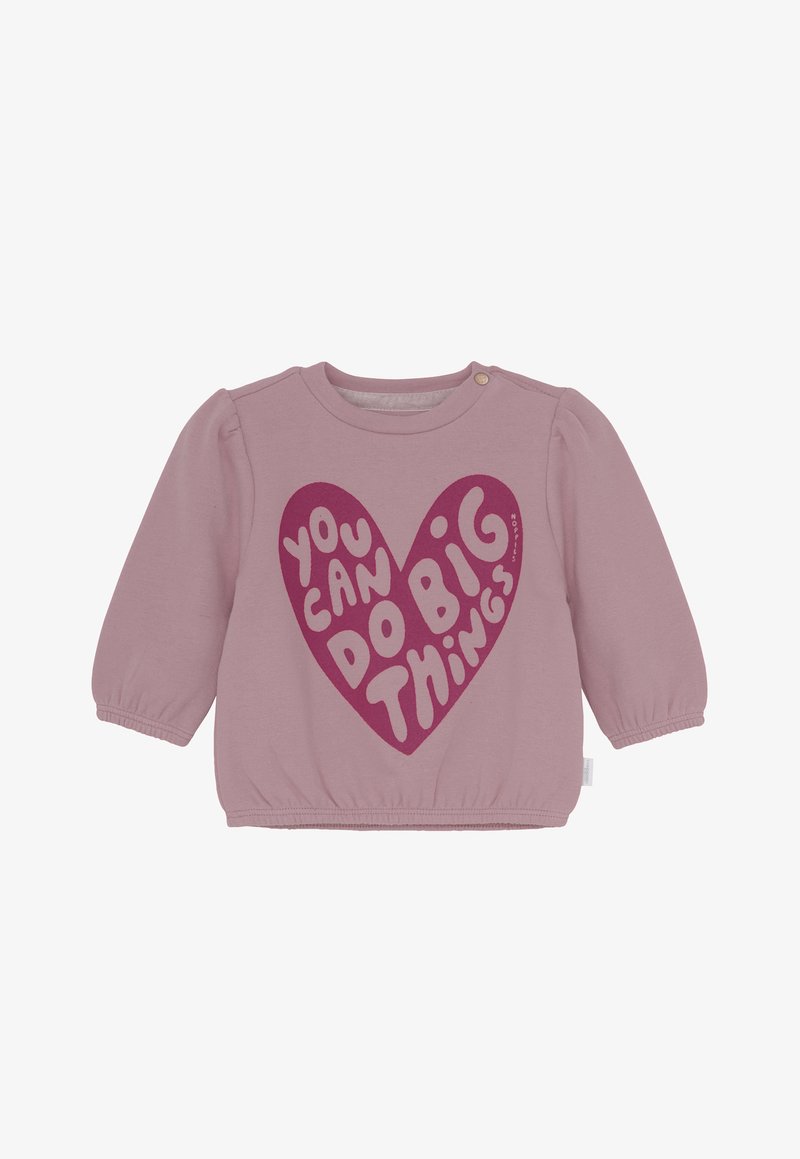 Roze baby'shirt met lange mouwen en elastische manchetten, voorzien van een grote hartafbeelding met de tekst "Je kunt grote dingen doen" op de voorkant.