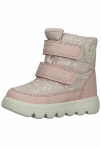 Rosa velcro ankelstøvler med kaninansigt accent, glat syntetisk materiale, hvid kaninprint og struktureret gummisål.