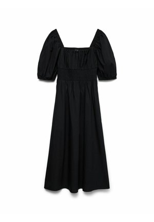 Robe noire avec un décolleté carré, des manches bouffantes courtes et un buste smocké. Confectionnée en tissu lisse avec une jupe fluide.