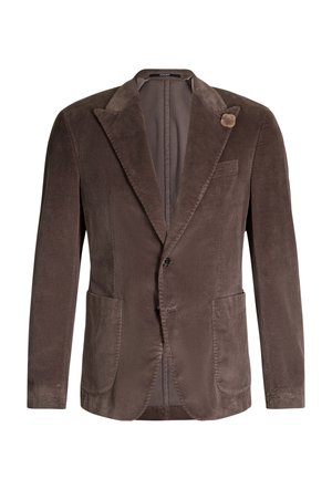 Bruine corduroy blazer voor heren met inkeping revers, twee knopen aan de voorkant, opgestikte zakken, borstzak en een bloemenreversspeld.