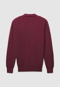 Maglione a costine bordeaux con colletto, maniche lunghe e finitura testurizzata, con retro semplice e polsini aderenti.