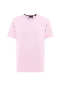 Pink short-sleeve t-shirt made of soft cotton. Features a round neckline and a simple design with no patterns or additional accents.