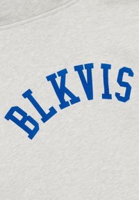 Primo piano di tessuto grigio chiaro con lettere blu "BLKVIS" stampate in un motivo ad arco sulla superficie.