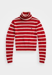 Rot- und cremefarbener gestreifter Rollkragenpullover, kurze Form, gerippte Bündchen und Saum, mit kleinem Logo auf der Brust.